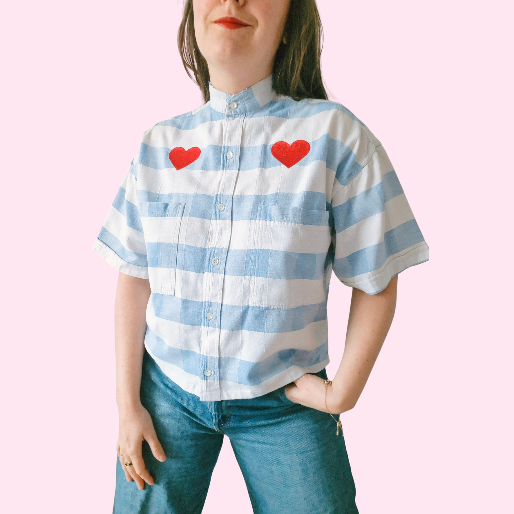 Chemise création bleu rayé coeur