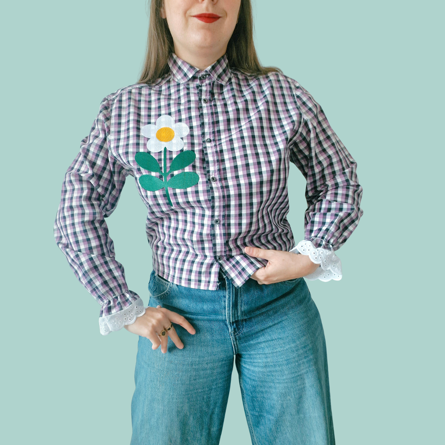 Chemise creation brodée - Vichy & fleurs